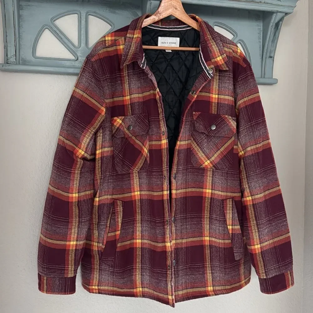 Sun & Stone Men's Plaid Flannel Shirt Shacket Burgundy Yellow Jacob Shirt Jacket
